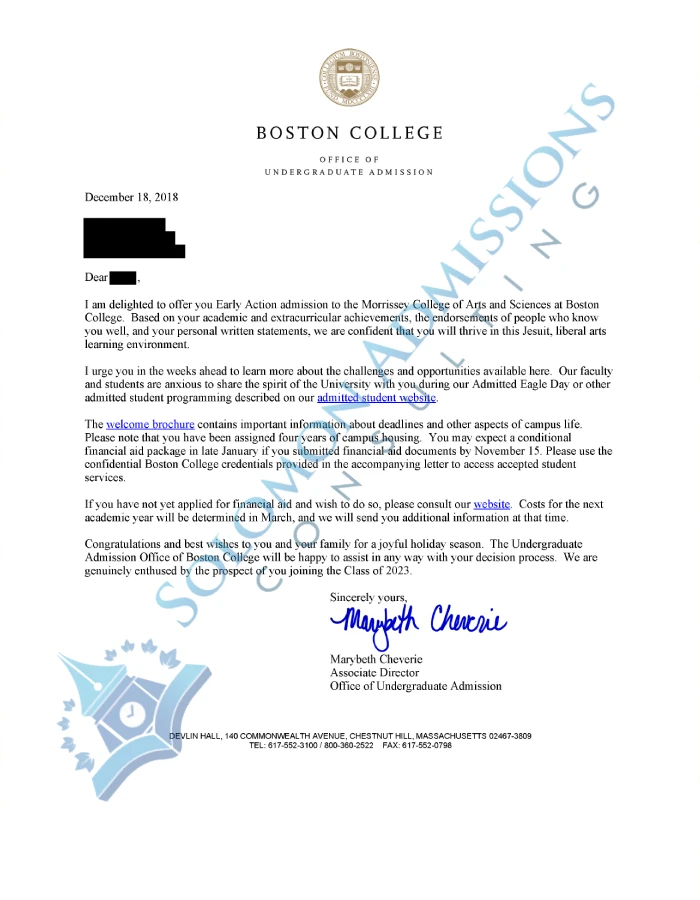 Boston College Admission Letter 2019