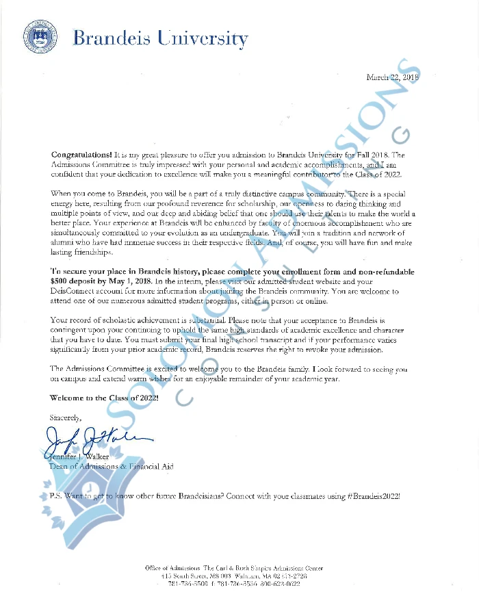 Brandeis University Admission Letter 2018