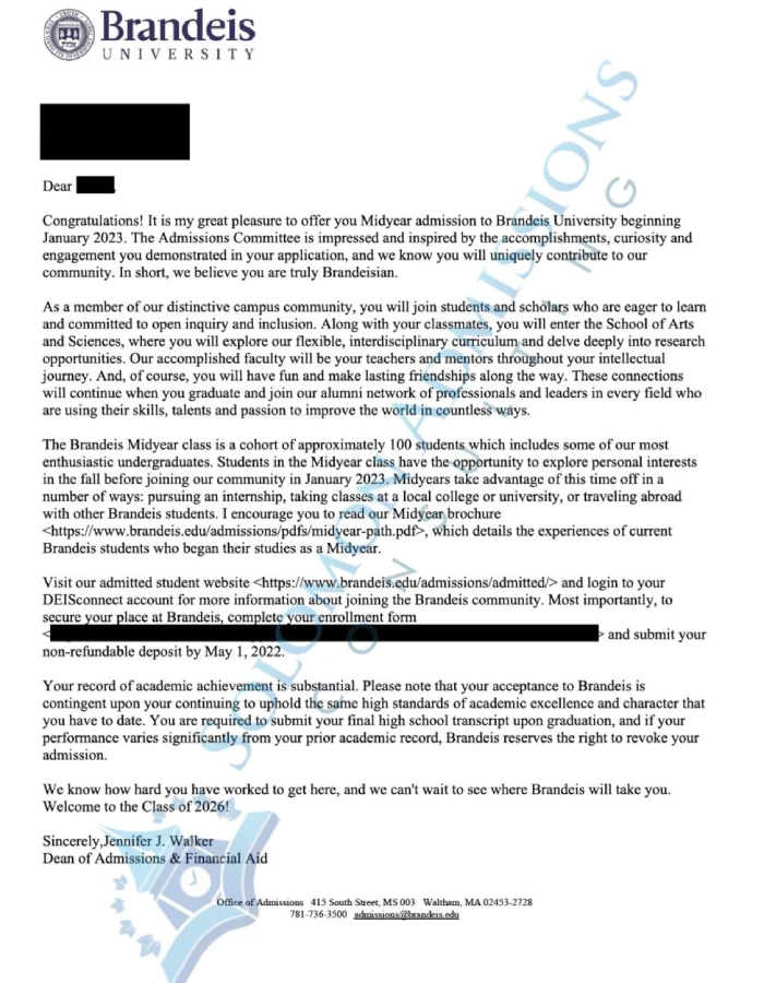 Brandeis University Admission Letter 2022