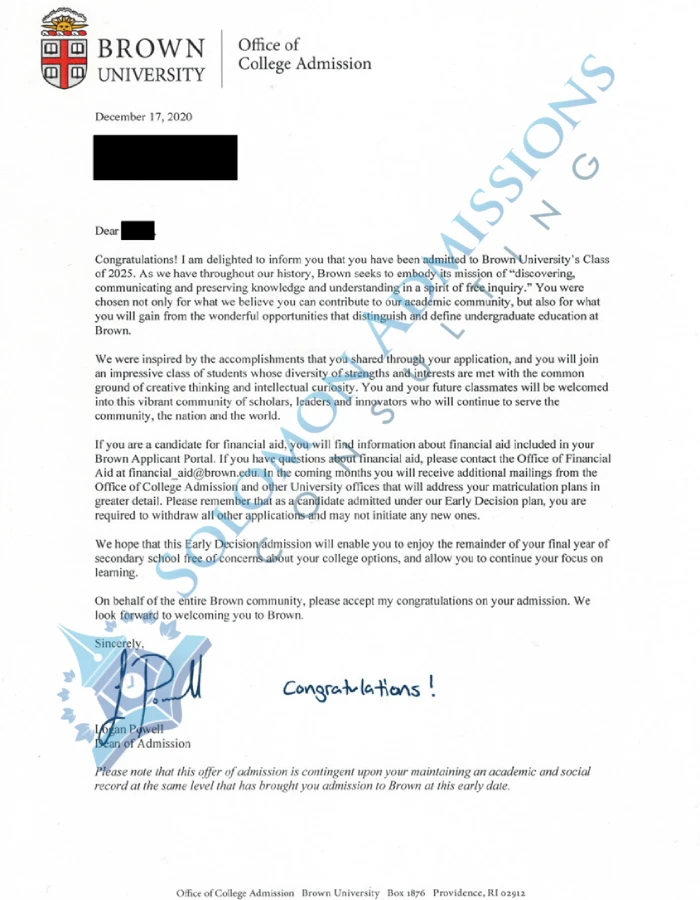 Brown University Admission Letter 2021