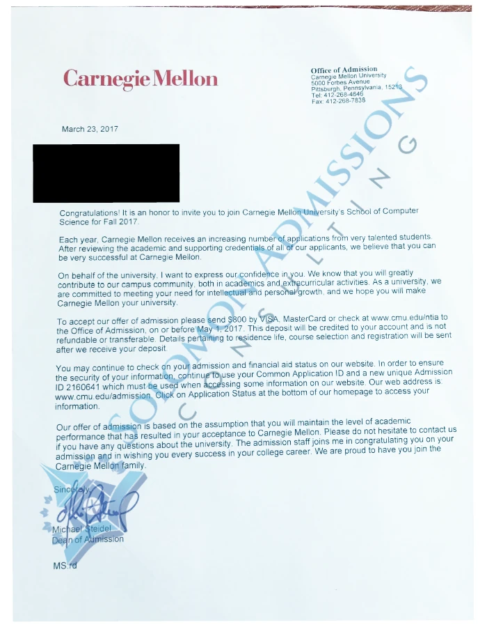 Carnegie Mellon University Admission Letter 2017