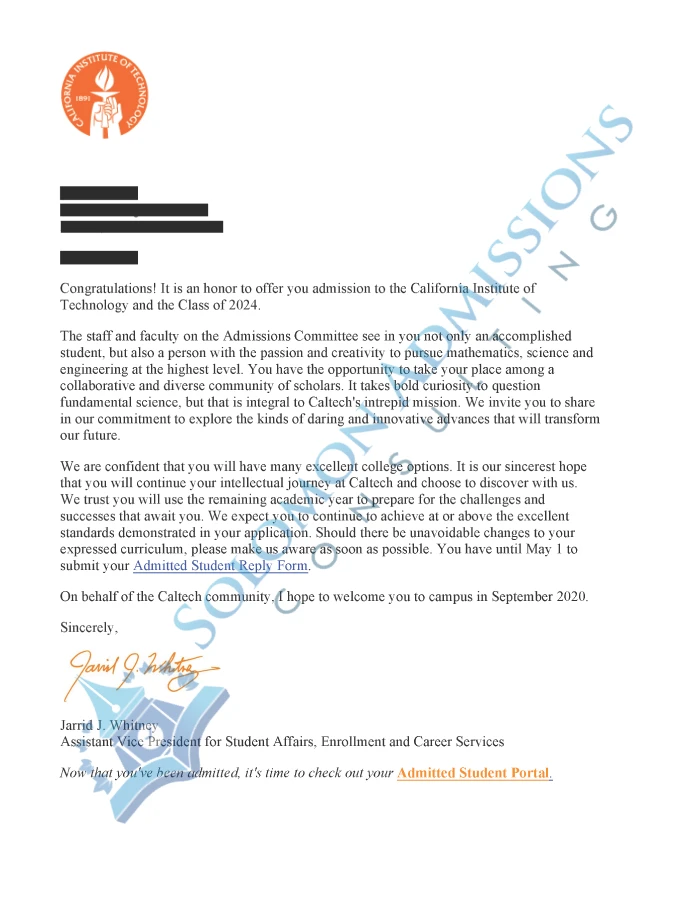 CalTech Admission Letter 2020
