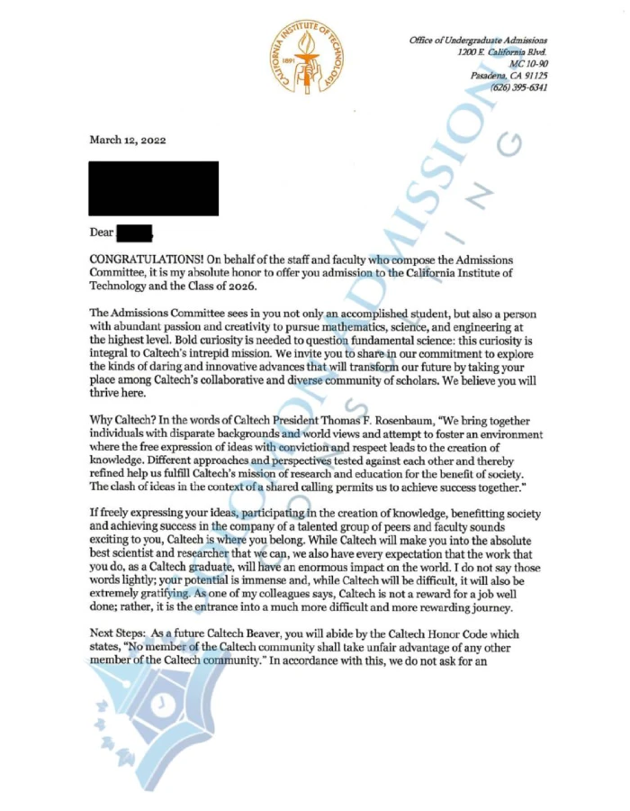 CalTech Admission Letter 2022