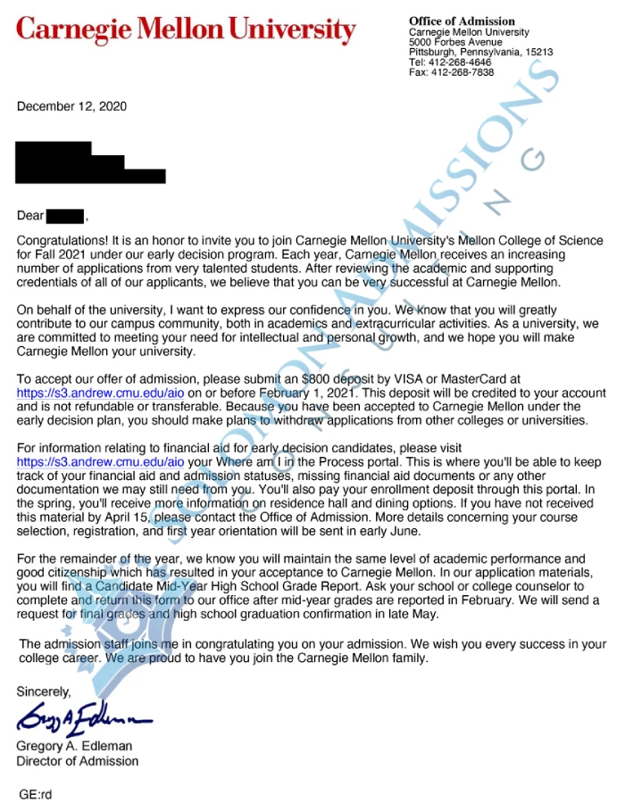 Carnegie Mellon University Admission Letter 2021