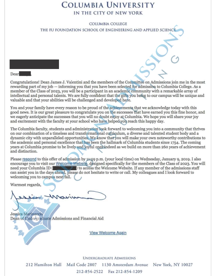 Columbia University Admission Letter 2019