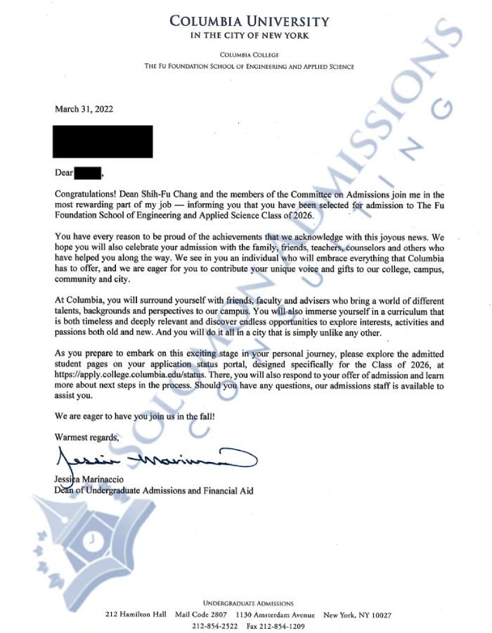 Columbia University Admission Letter 2022