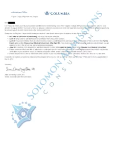 Columbia Vagelos P&S Admission Letter 2019