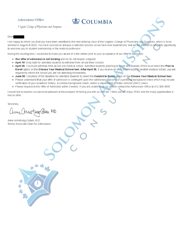 Columbia Vagelos P&S Admission Letter 2019