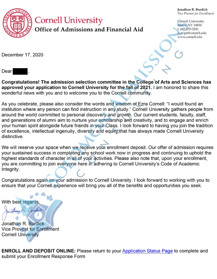 Cornell University Admission Letter 2021