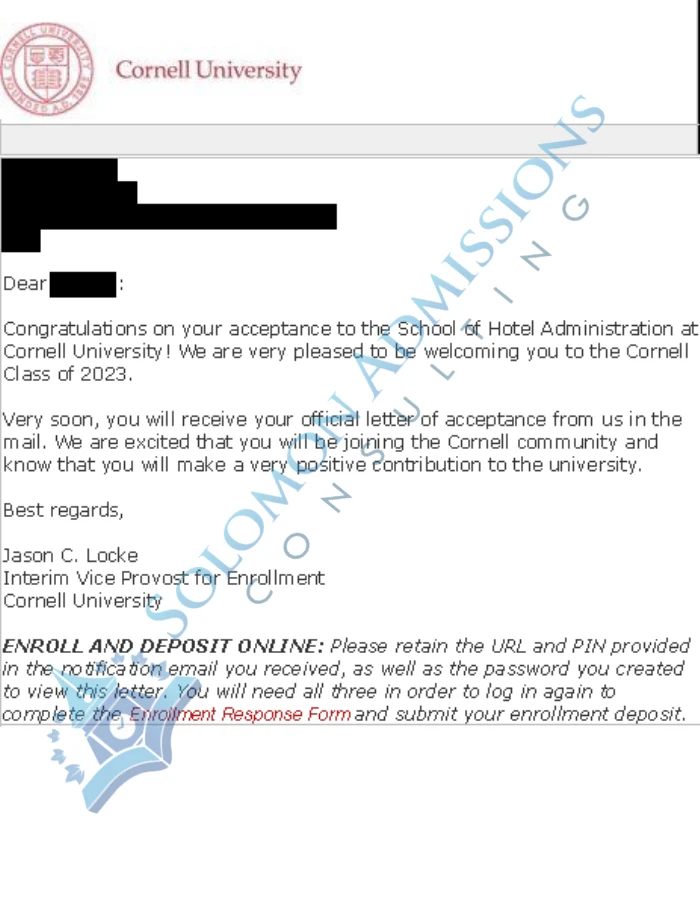 Cornell University Admission Letter 2019