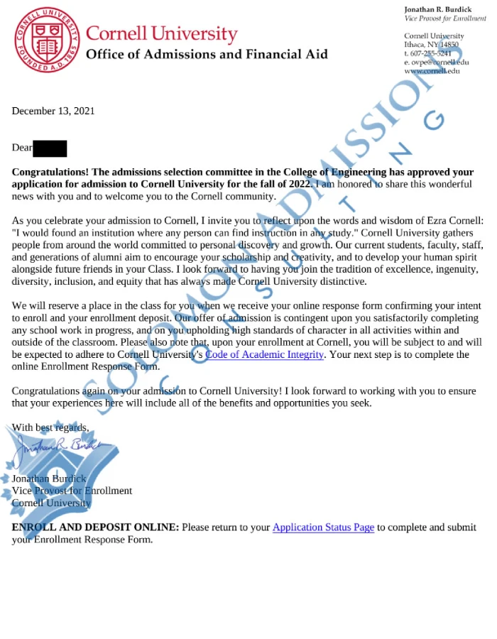 Cornell University Admission Letter 2022