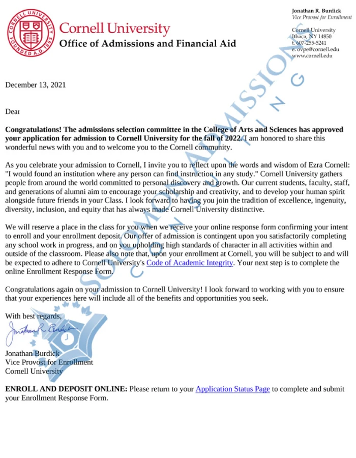 Cornell University Admission Letter 2022
