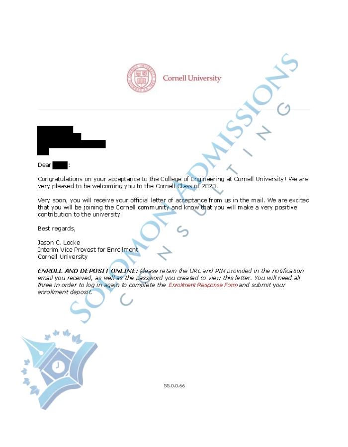 Cornell University Admission Letter 2019