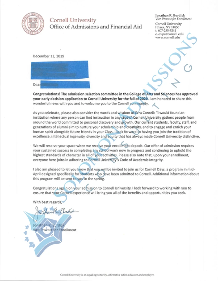 Cornell University Admission Letter 2020