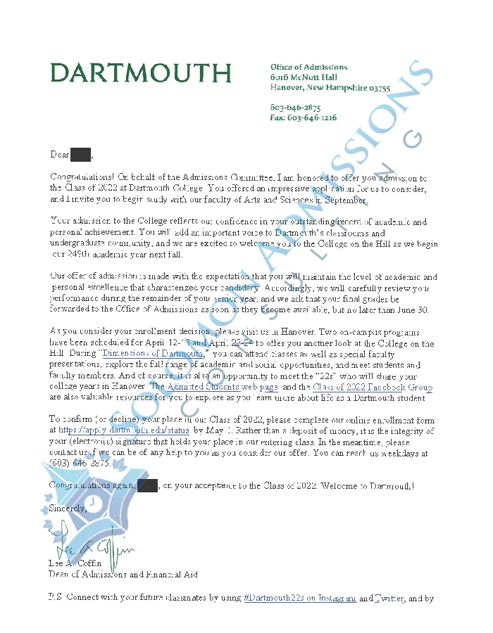 Dartmouth College Admission Letter 2020