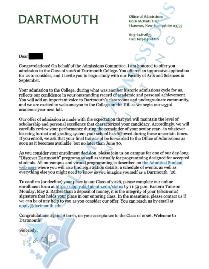 Dartmouth College Admission Letter 2022