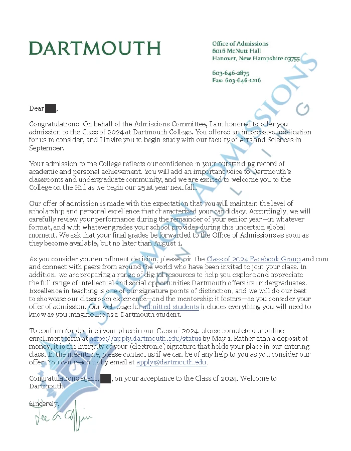 Dartmouth College Admission Letter 2020