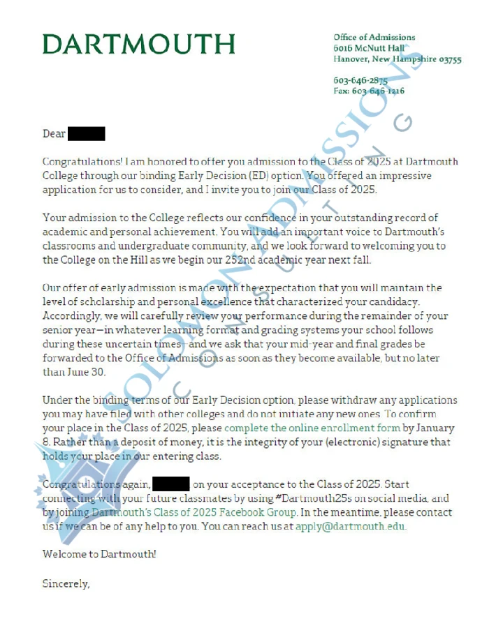 Dartmouth College Admission Letter 2021