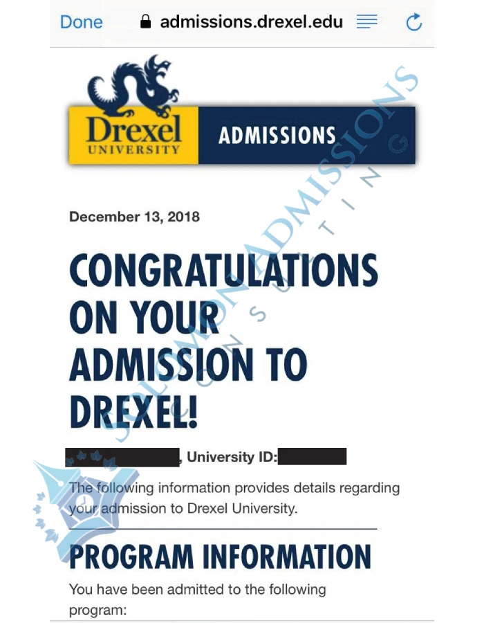 Drexel University Admission Letter 2019