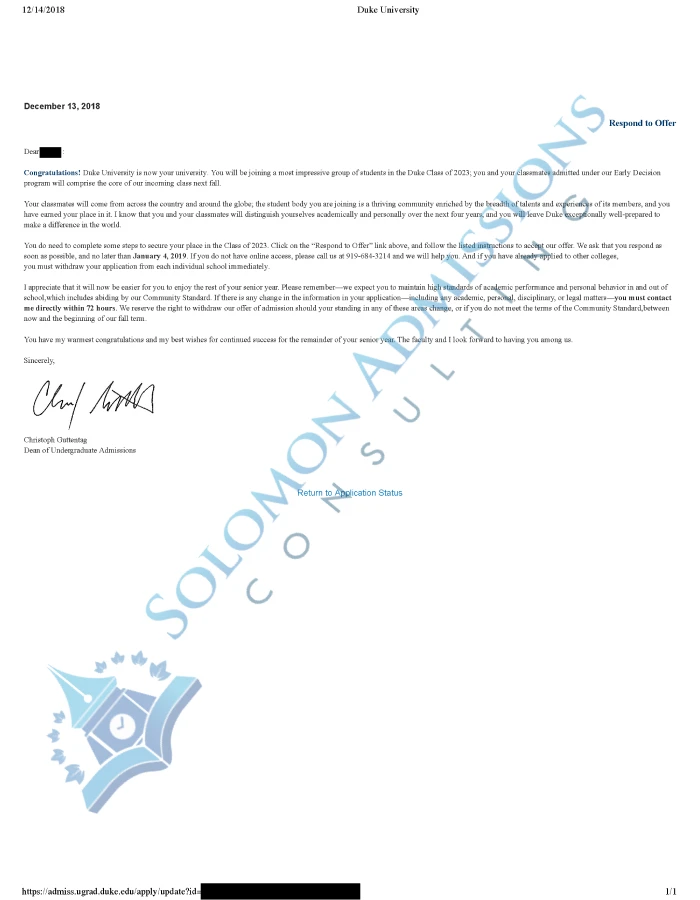 Duke University Admission Letter 2019