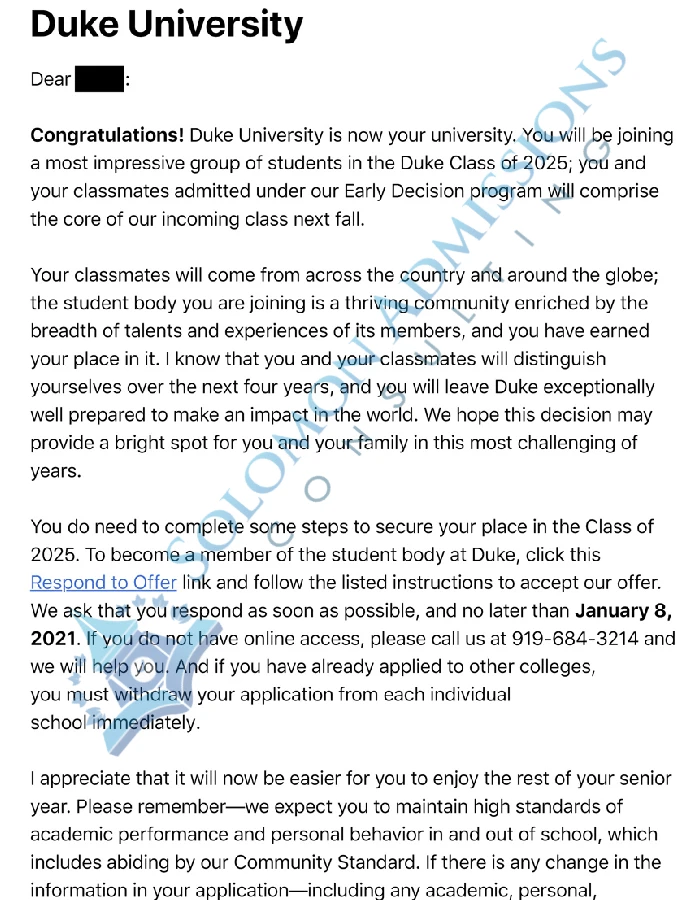 Duke University Admission Letter 2021