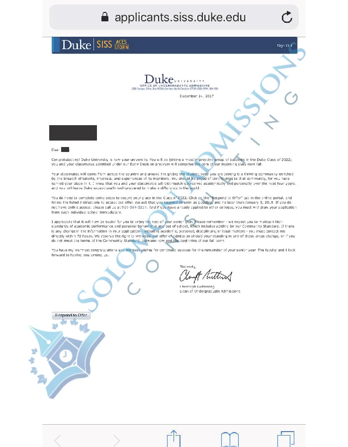 Duke University Admission Letter 2018