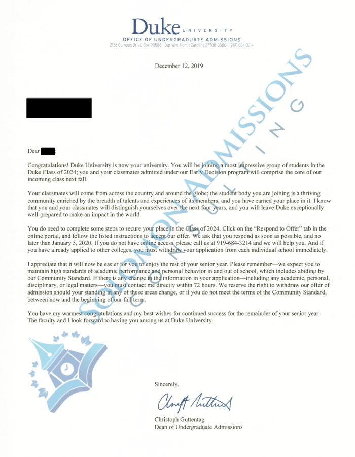 Duke University Admission Letter 2020