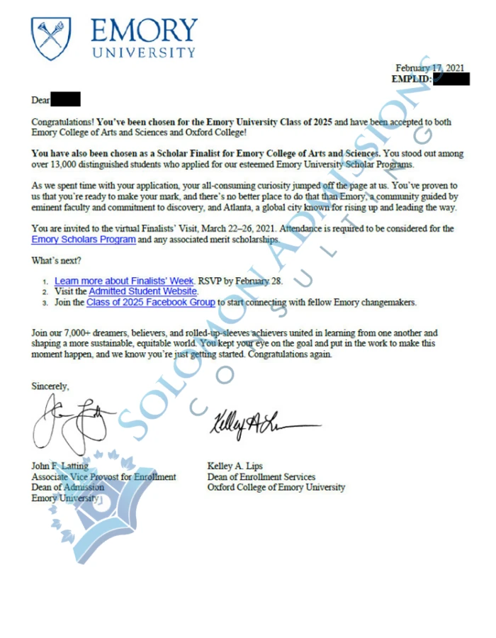 Emory University Admission Letter 2021