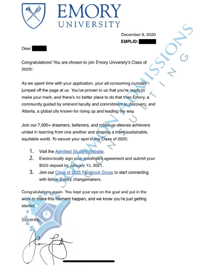 Emory University Admission Letter 2021