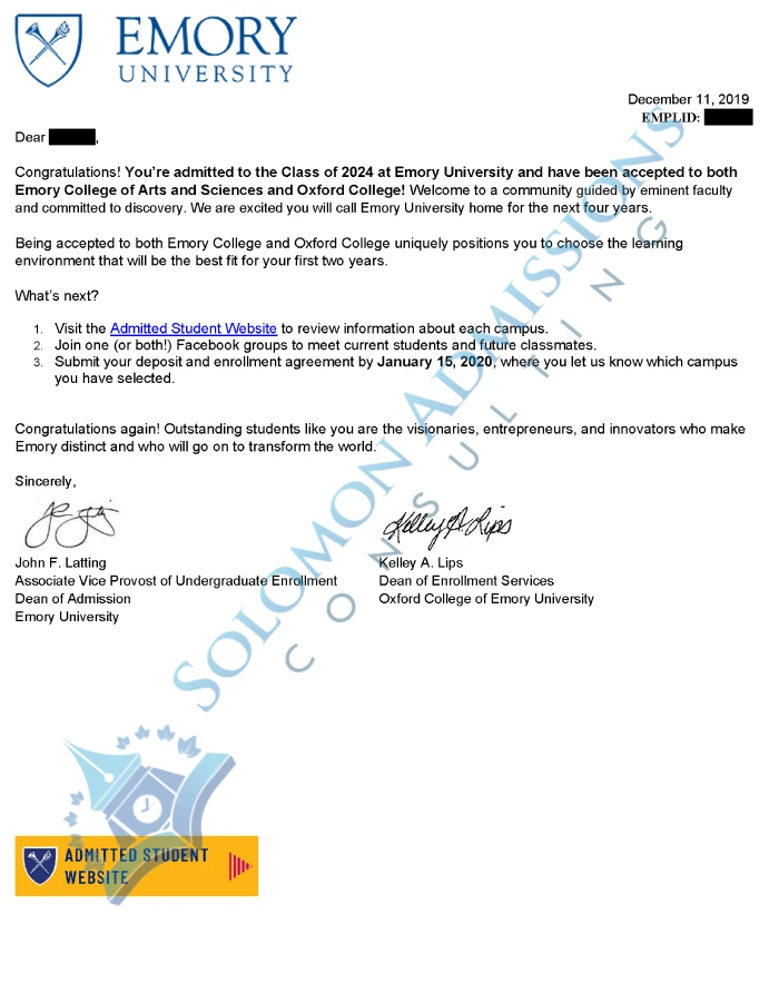 Emory University Admission Letter 2020