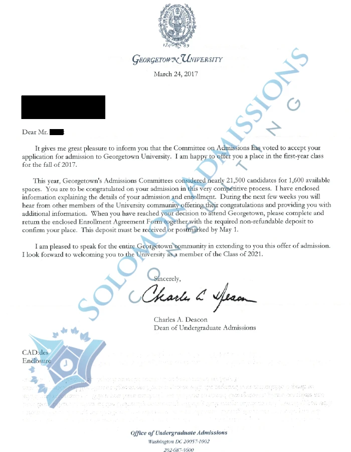 Georgetown University Admission Letter 2017