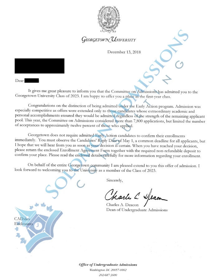 Georgetown University Admission Letter 2019