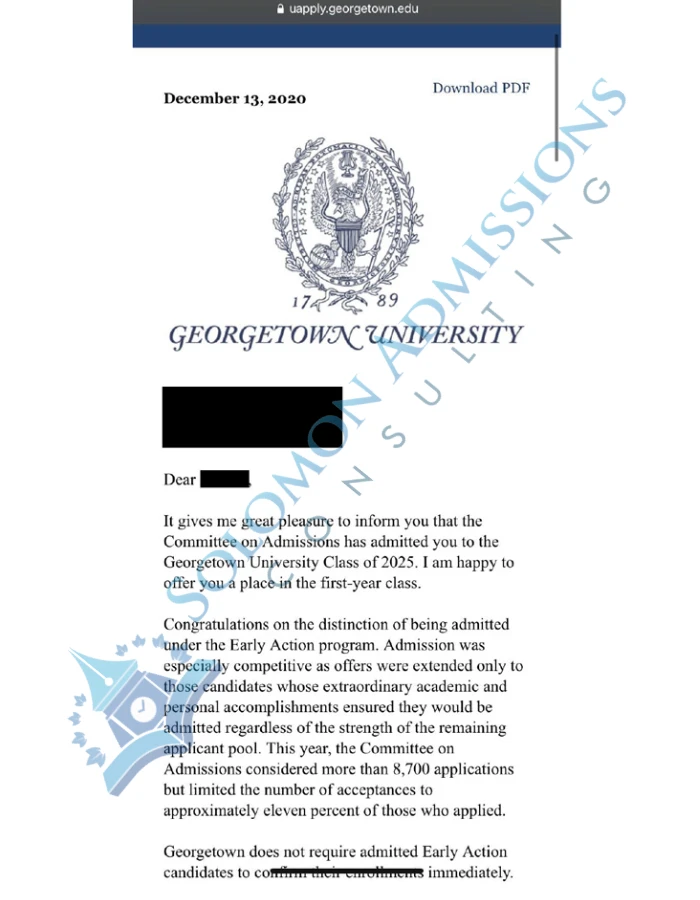 Georgetown University Admission Letter 2021