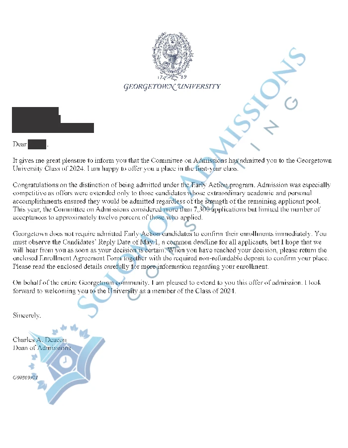 Georgetown University Admission Letter 2020