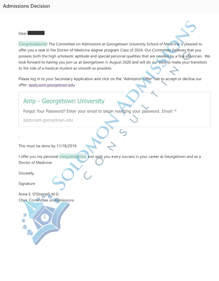 Georgetown Medicine Admission Letter 2019