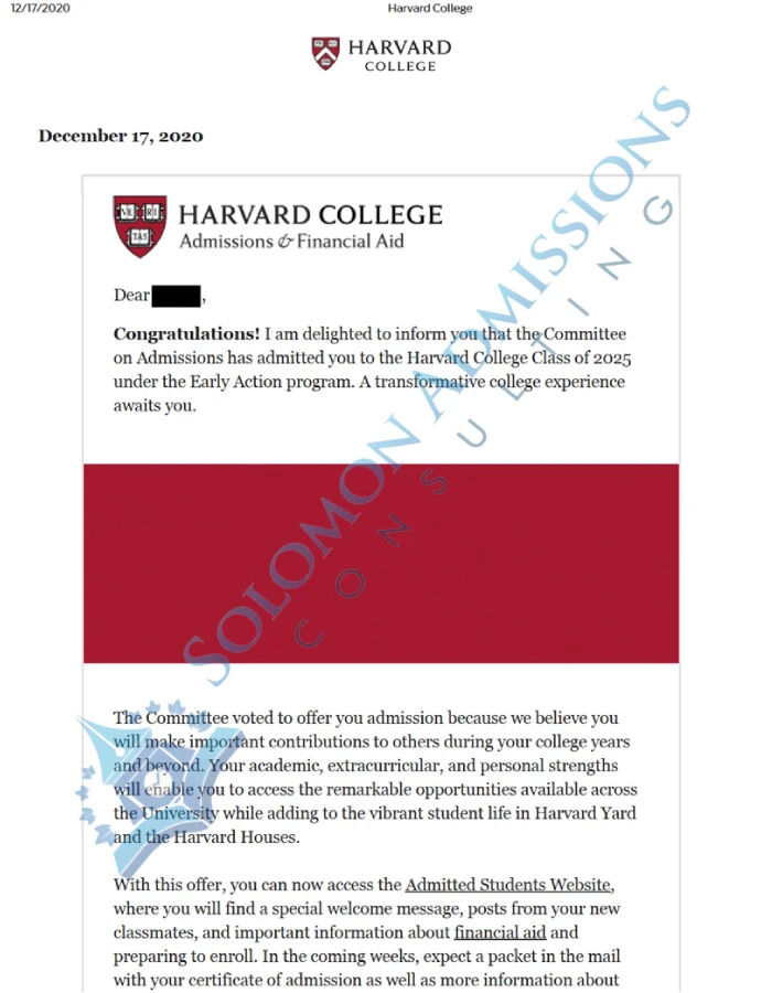 Harvard University Admission Letter 2021