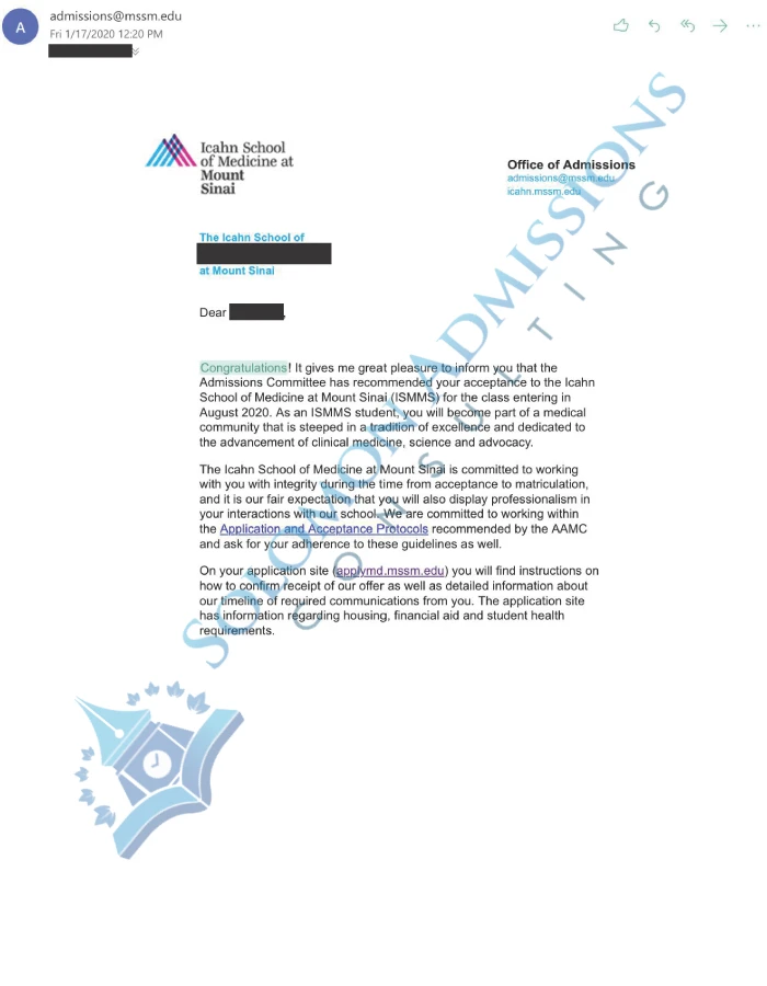 Icahn Medicine at Mount Sinai Admission Letter 2019