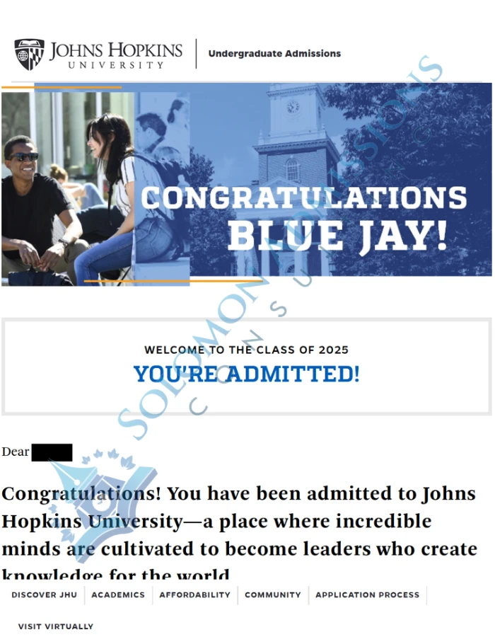 John Hopkins University Admission Letter 2021