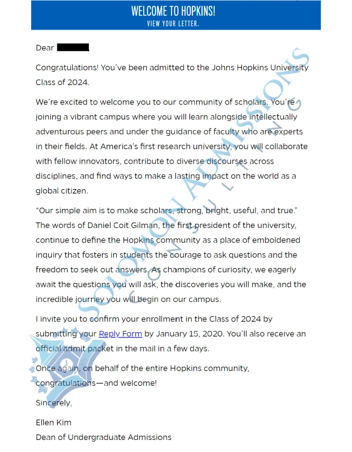 Johns Hopkins University Admission Letter 2020