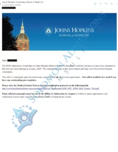 Johns Hopkins Medicine Admission Letter 2019