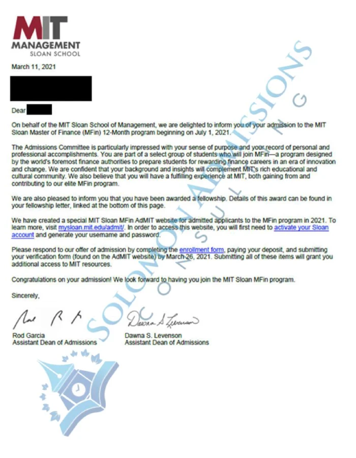 MIT Sloan Admission Letter 2021