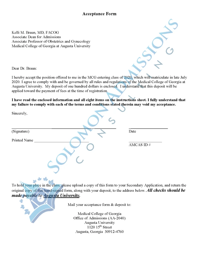 MCG at Augusta University Admission Letter 2019