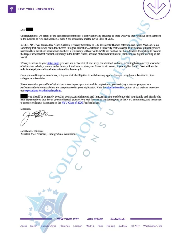 New York University Admission Letter 2021