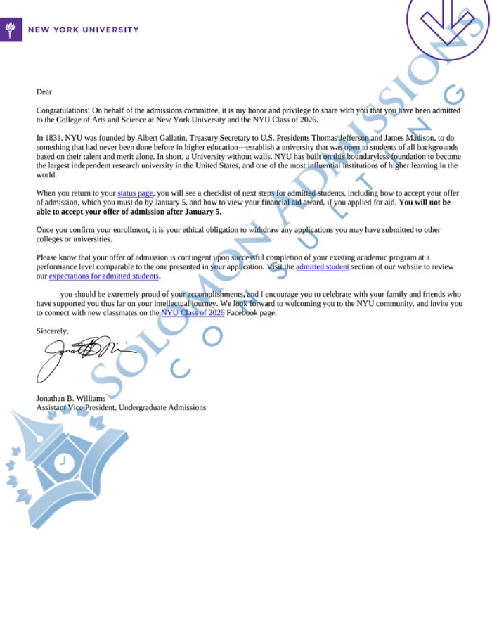 New York University Admission Letter 2022