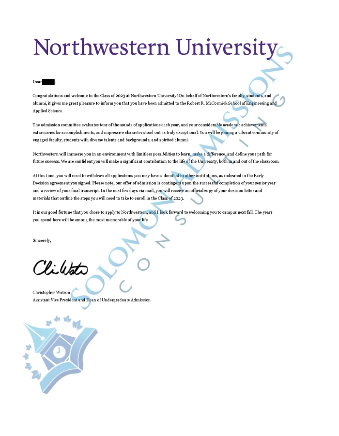 Northwestern University Admission Letter 2019