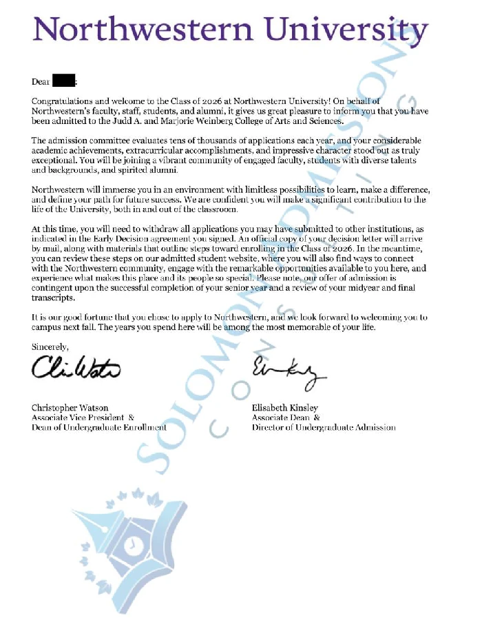 Northwestern University Admission Letter 2022