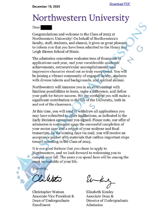 Northwestern University Admission Letter 2021