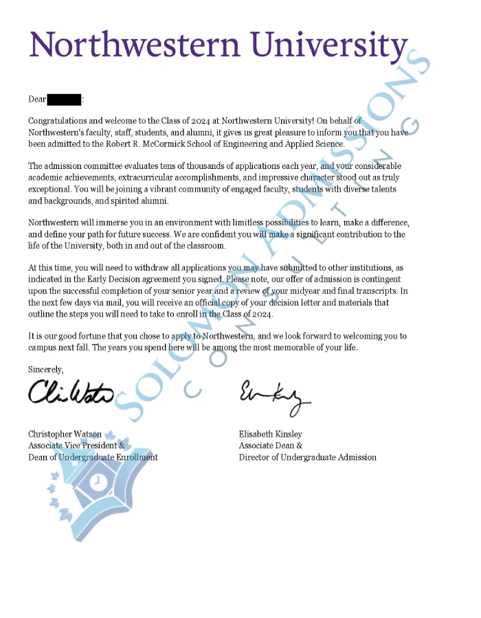 Northwestern University Admission Letter 2020