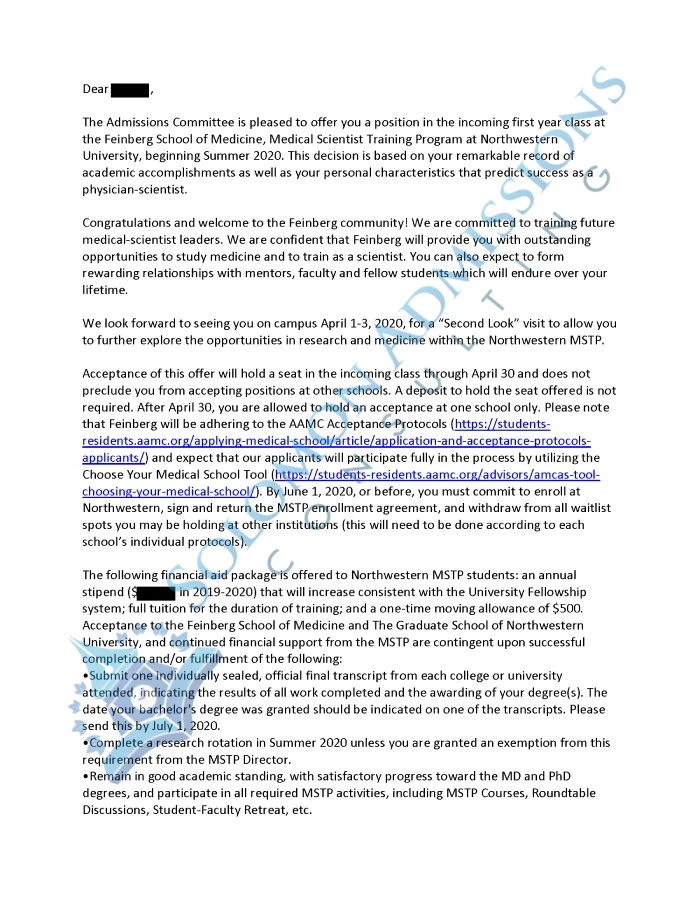 NWU, Feinberg Medicine Admission Letter 2019