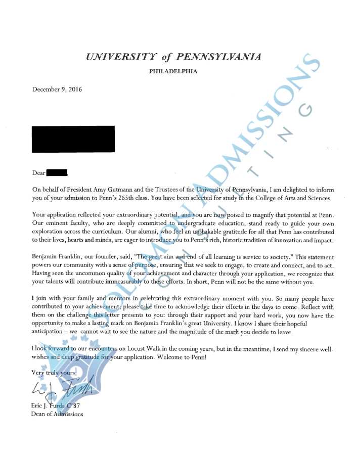 University of Pennsylvania Admission Letter 2017